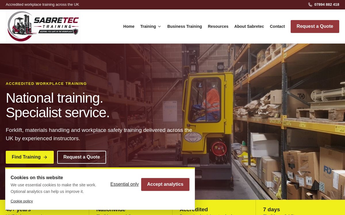 Sabretec Training concept design homepage screenshot