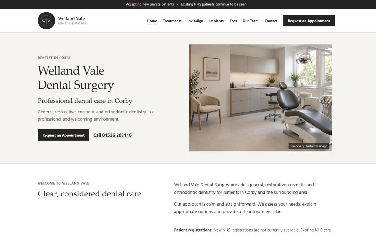Welland Vale Dental concept design homepage screenshot